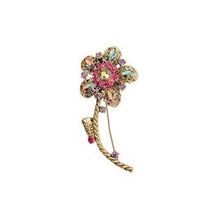 Vintage Pink Rhinestone Long Stem Flower Brooch Signed West Germany